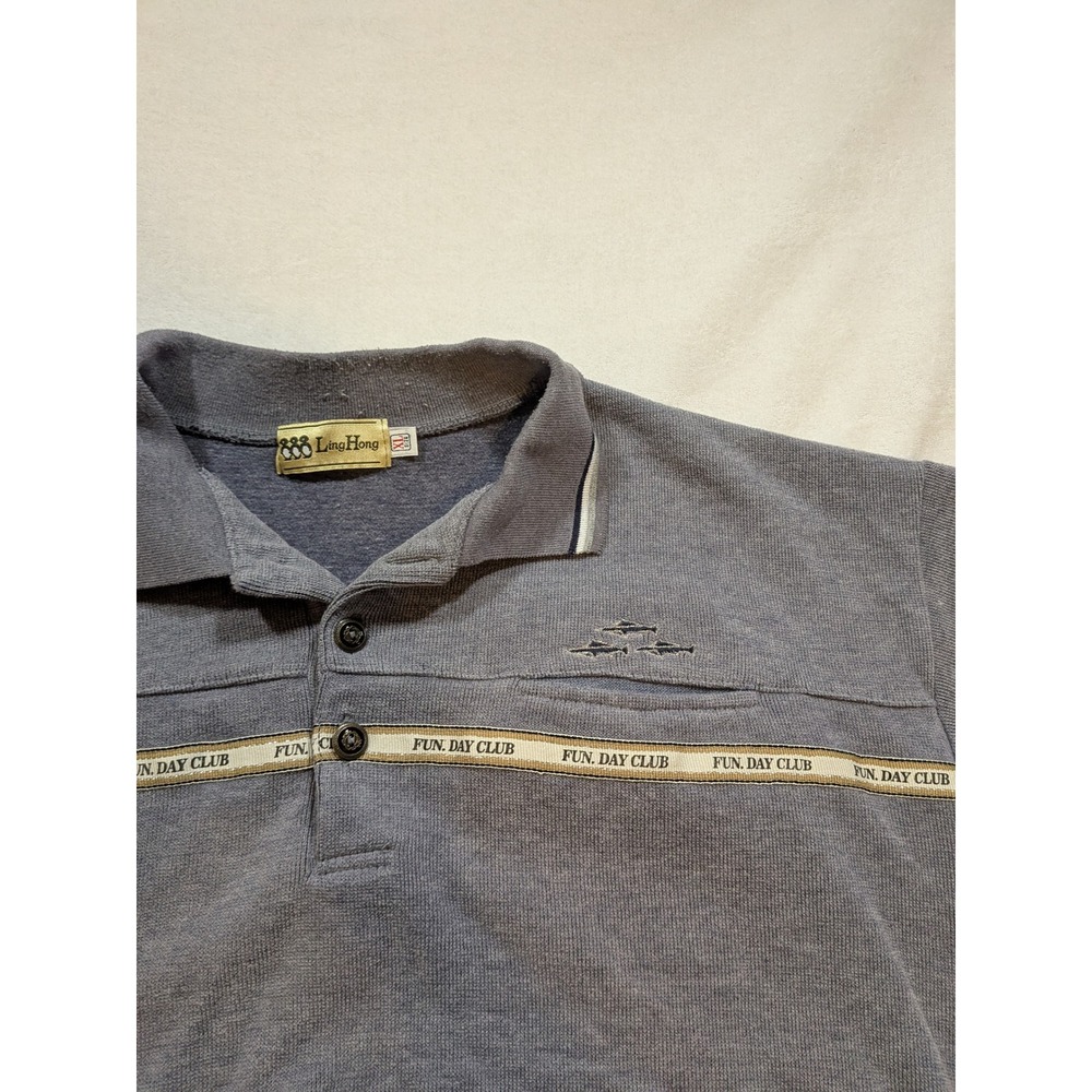 Ling Hong Gray Long Sleeve Polo Sweatshirt Fun Day Club Embroidered Mens XL - Picture 6 of 8